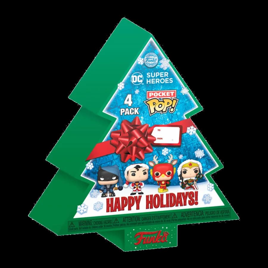 FUNKO POCKET POP! 4-PACK DC SUPER HEROES - HAPPY HOLIDAYS TREE BOX VINYL FIGURE KEYCHAIN