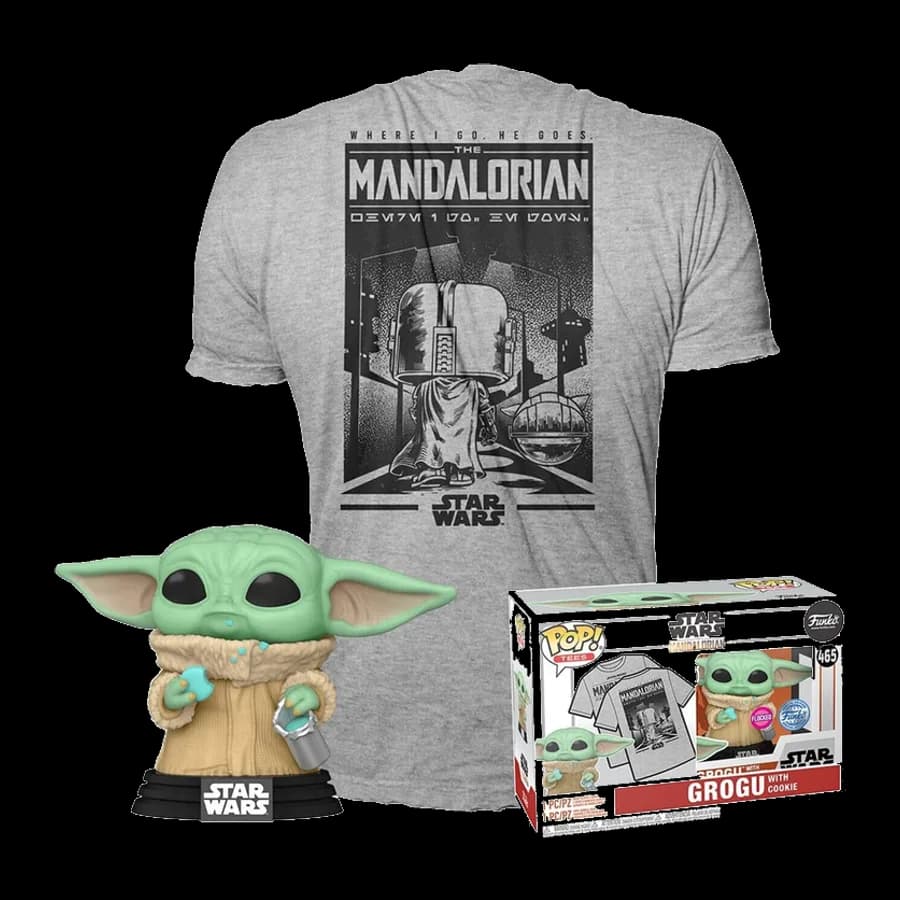 FUNKO POP! & TEE (ADULT): DISNEY STAR WARS THE MANDALORIAN - MANDO GROGU WITH COOKIE FLOCKED (SPECIAL EDITION) VINYL FIGURE & T-SHIRT (M)